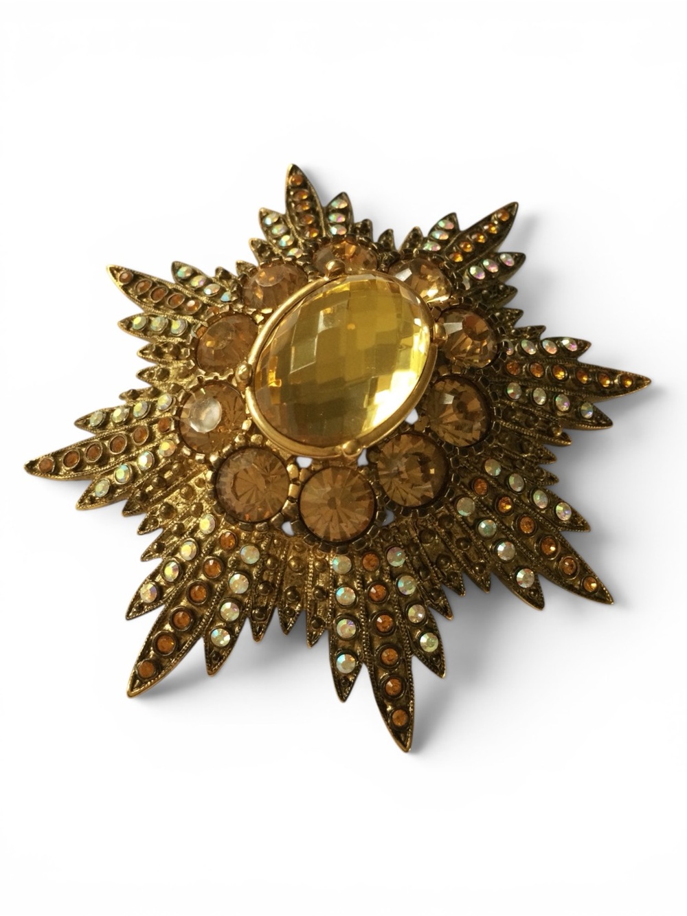 Vintage Joan Rivers Signed Starburst Brooch w/ Citrine, Amber & AB Rhinestones - Picture 4 of 13